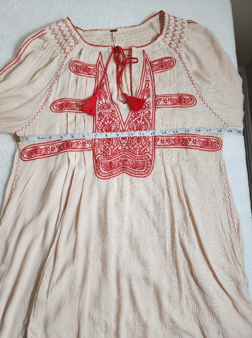 Free People Wind Willow Embroidered Mini Dress S Ivory Red Boho Peasant Dress - Picture 5 of 13